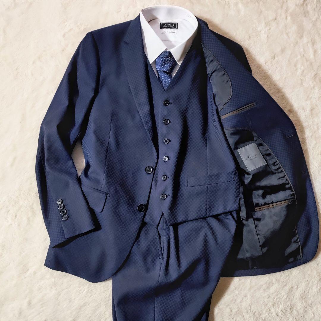 美品 MEN’S TENORAS スリーピース ブロックチェック ネイビー