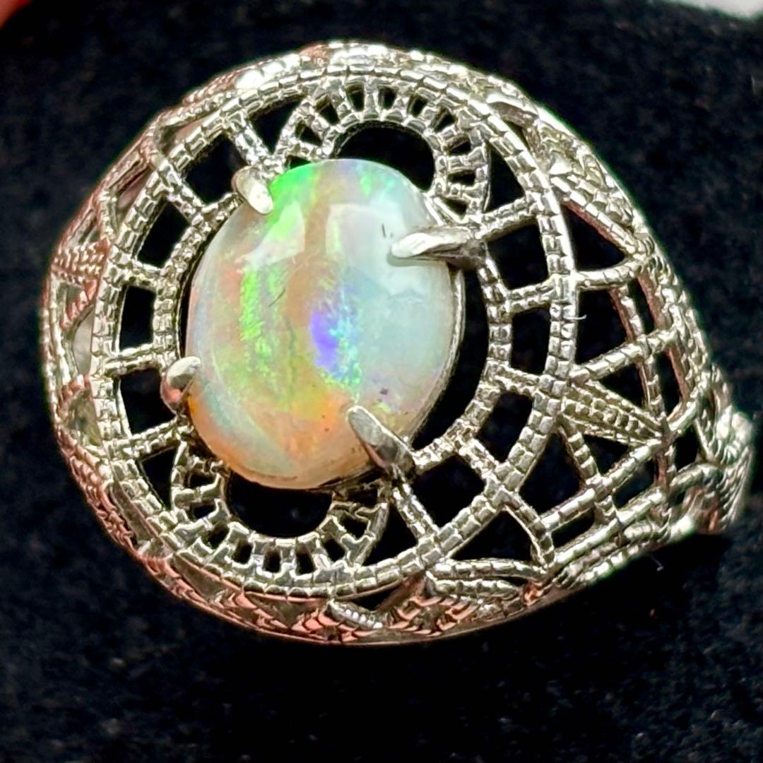 セミブラックオパールシルバーリングアールデコ フィリグリースタイルリボンパターン