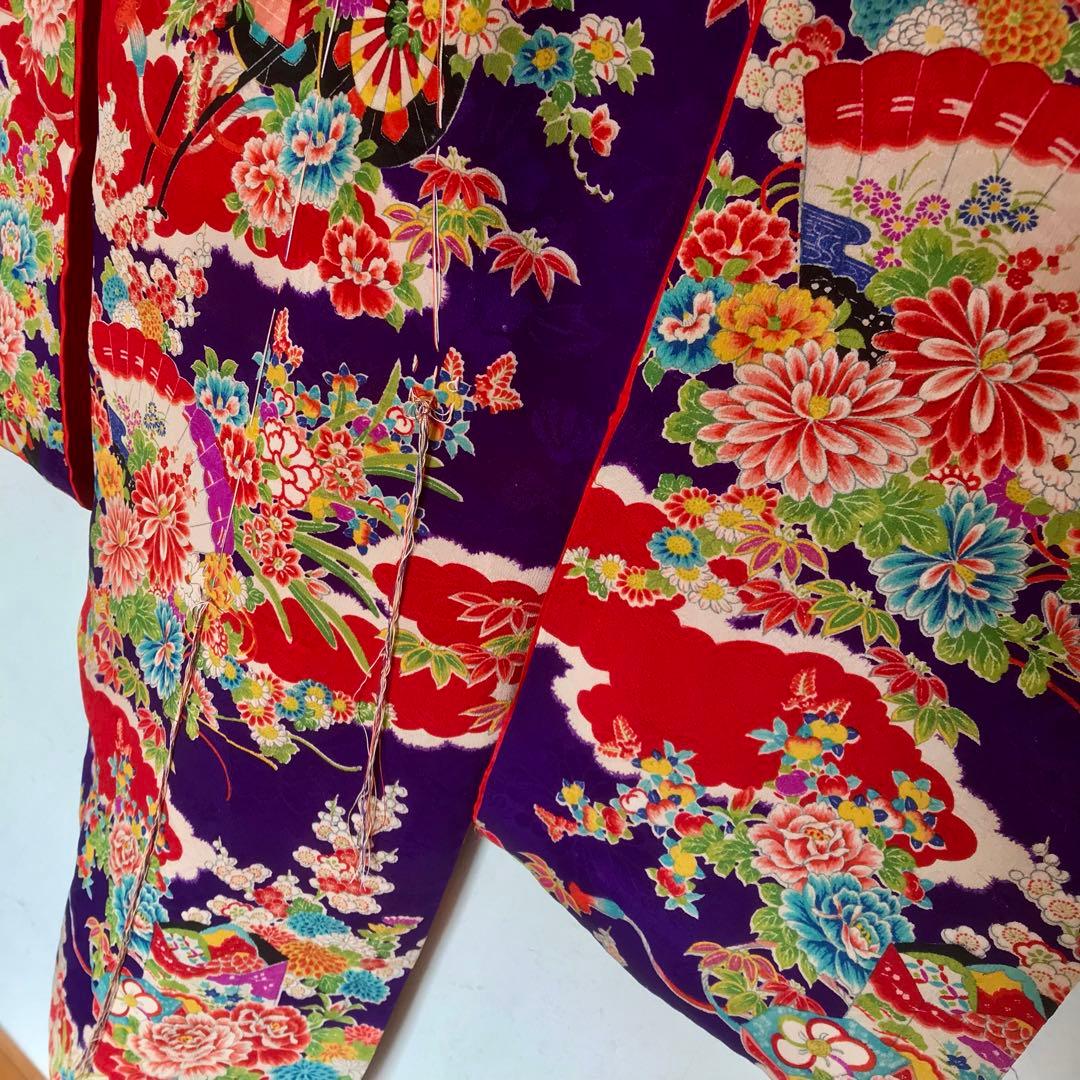 正絹 アンティーク着物 女の子 お宮参り 七五三 ◇紫 花車 扇 【美品】
