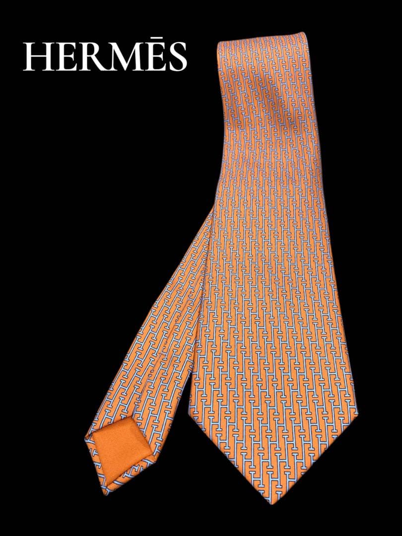HERMES エルメス ネクタイ シルク100% ライトオレンジ H柄