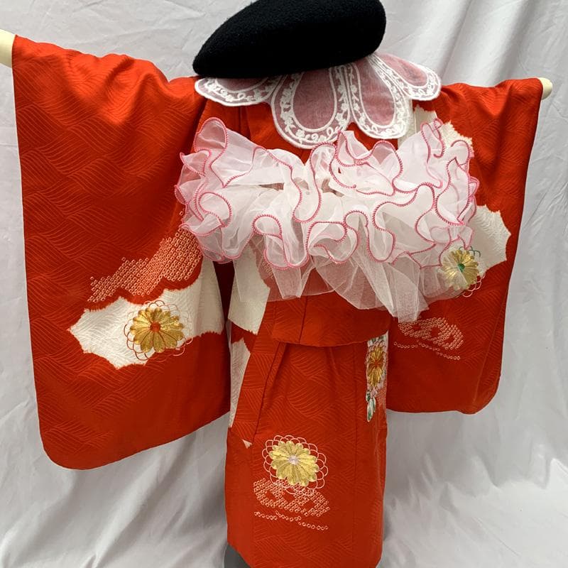 510ag30、帯揚げ□七五三 三歳 女児 着物&チュール帯&長襦袢 金駒刺繍□