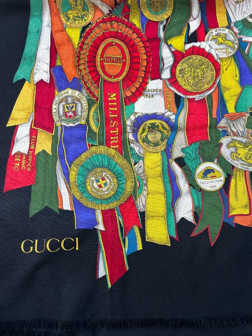 美品　GUCCI グッチ イタリア製 大判ストール ロゼット リボン柄 ブラック