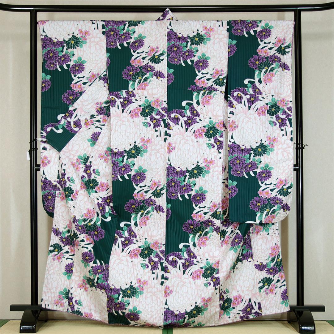 躾糸付未使用　165cm　LLサイズ　黒緑　乱菊　振袖　袴　卒業式　u351