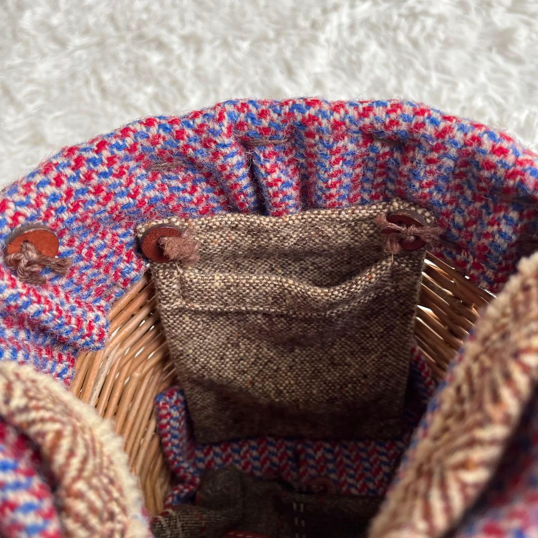 エバゴス かごバッグ 紅籘 ムートンレザー被せ ハリスツイード