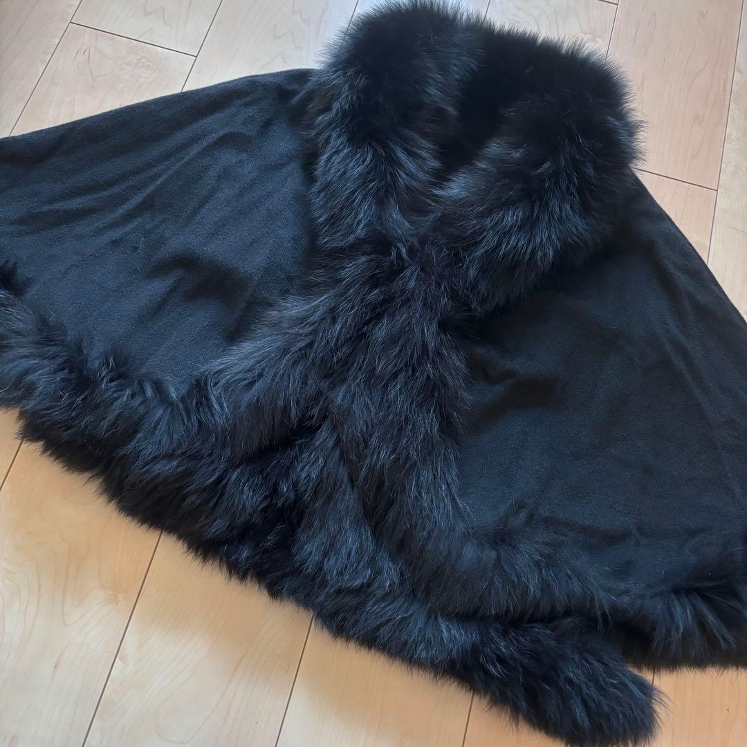 美品 カシミヤ100% フォックスファー ポンチョ ブラック