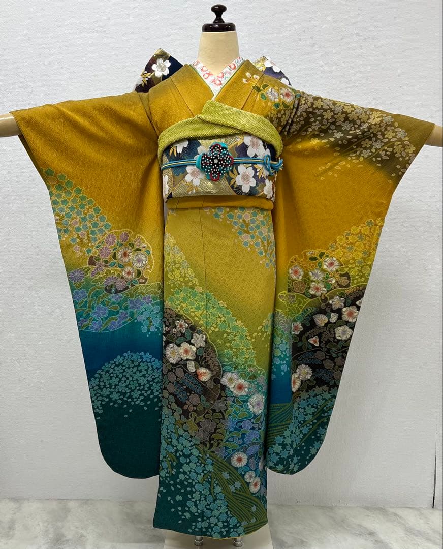 振り袖　フルセット　別誂長襦袢　辻ヶ花　金彩加工　成人式　暈し　辛子色　763