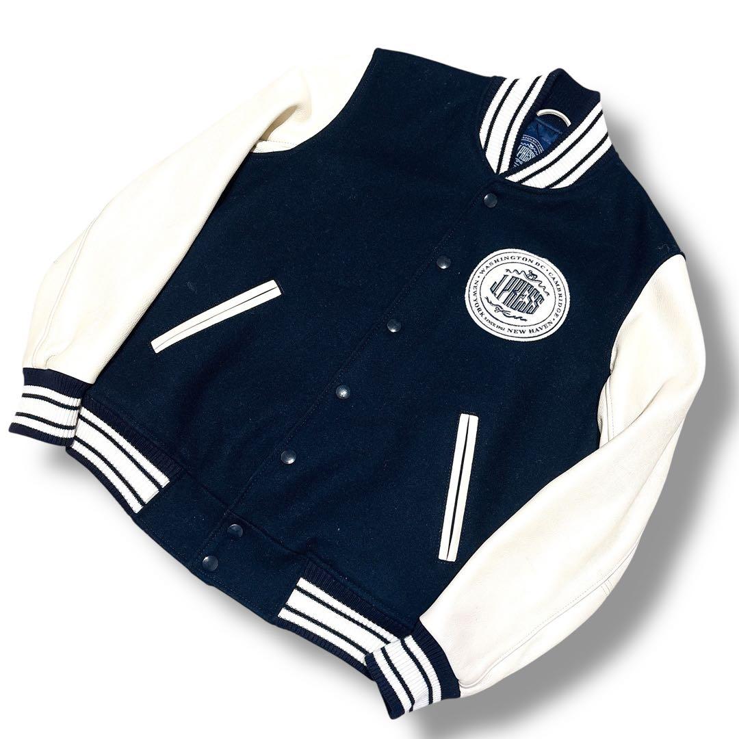 未使用級 J.PRESS スタジャン 本革 袖レザー ワッペン ネイビー L