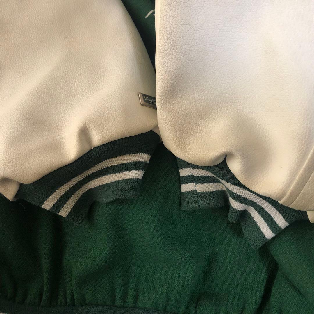 【USA製】00s LRG刺繍ビッグロゴ袖レザー肉厚スタジャンB系HIPHOP