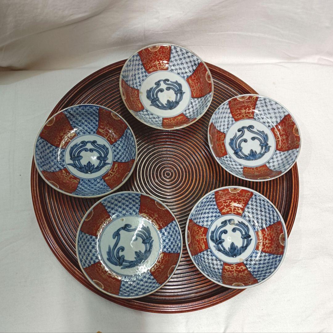 赤と藍の幾何学模様が美しい古伊万里色絵小皿 5枚セット