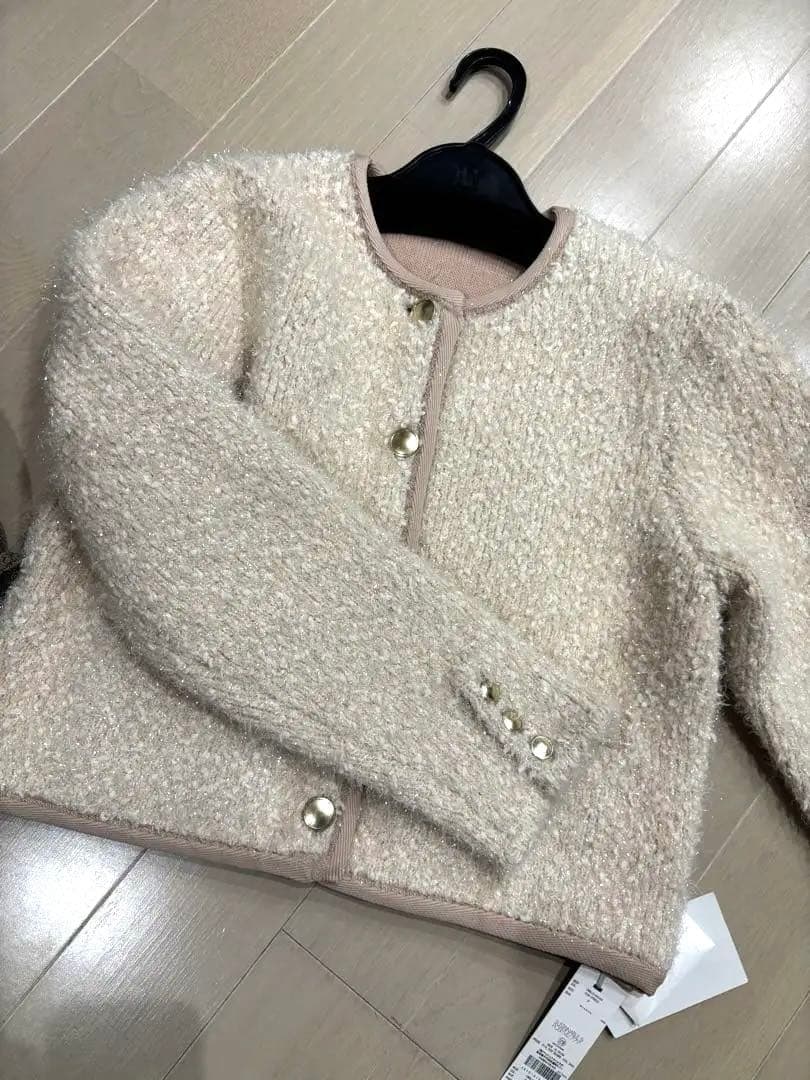 セルフォード　ピンクベージュ ノーカラーツイードジャケット 毛混紡