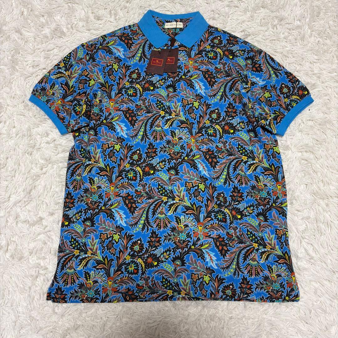 新品　未使用　エトロ ETRO 花柄 半袖ポロシャツ XXL ブルー 総柄 美品