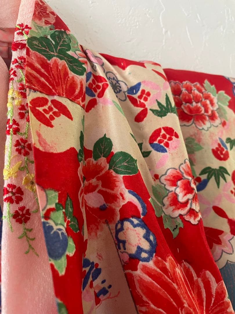 七五三　3歳　アンティークお着物セット　総絞りの被布コーデ　ハンドメイド　巾着