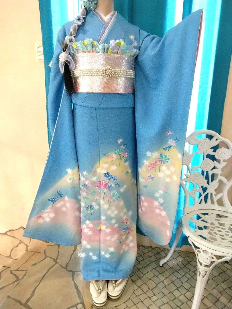 振袖フルセット、正絹振袖成人式、重ね衿帯揚げ帯締め、西陣袋帯長襦袢、ガード加工₠