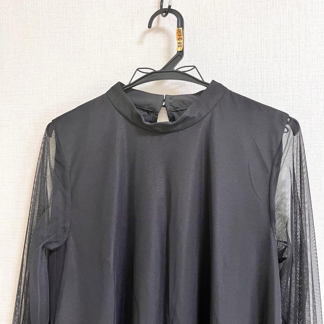 オケージョン　チュールワンピース シースルー袖ロングワンピース　ブラック