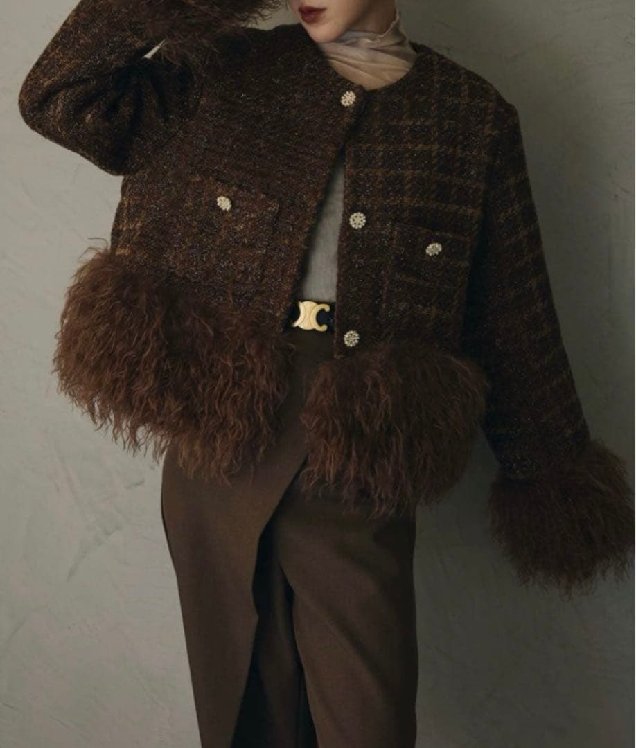 アンドレアアンドコー ツイードファージャケット ノーカラーコート ブラウン