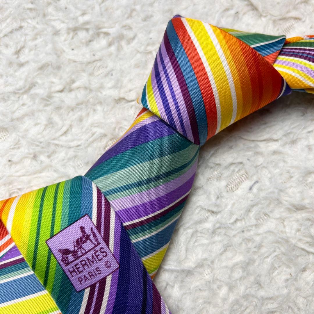 【極美品】限定品 HERMES レジメンタル ストライプ レインボー ネクタイ