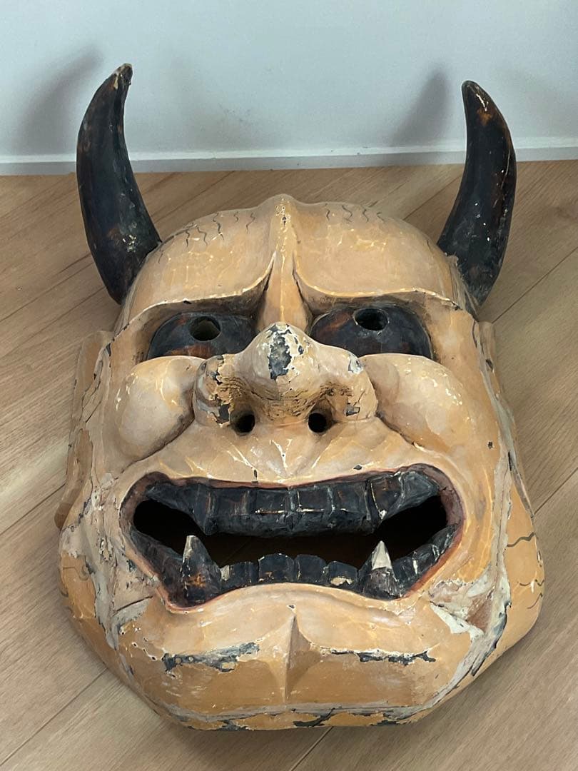 大きな般若面　木彫　能面　神楽面　古面　奉納　縦約58cm