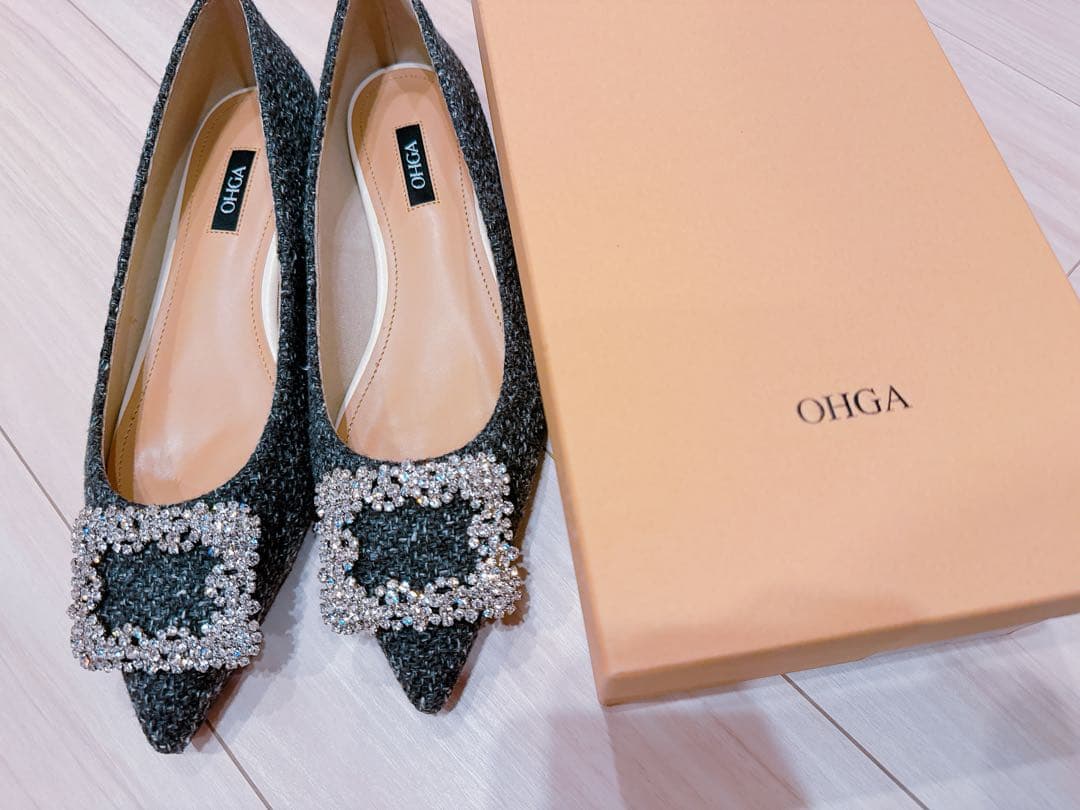 OHGA ビジュー付きポインテッドツイードフラットシューズ