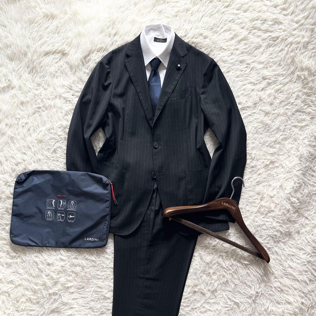 <美品>LARDINI easy wear ブラック ウール スーツ サイズ46