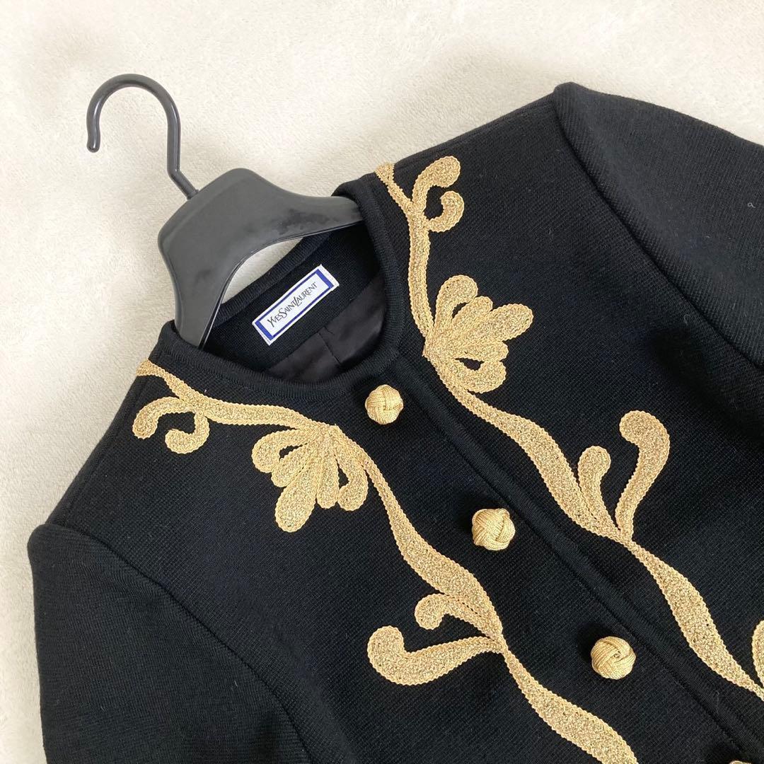 イヴサンローラン 金刺繍装飾 ナポレオン ノーカラージャケット M ブラック