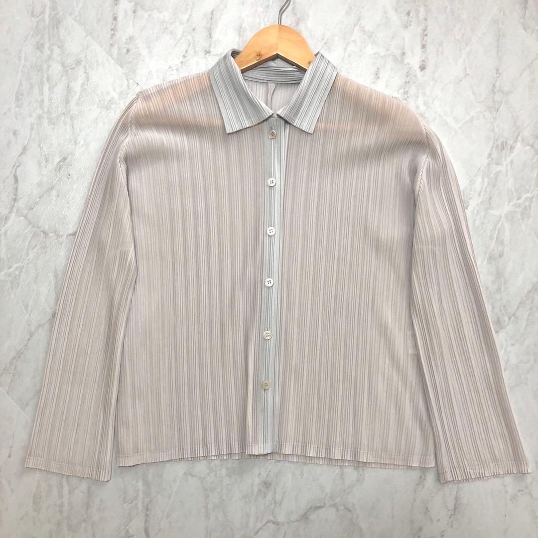 プリーツプリーズ 長袖シャツ 襟付き ボタンダウン Lサイズ バイカラー