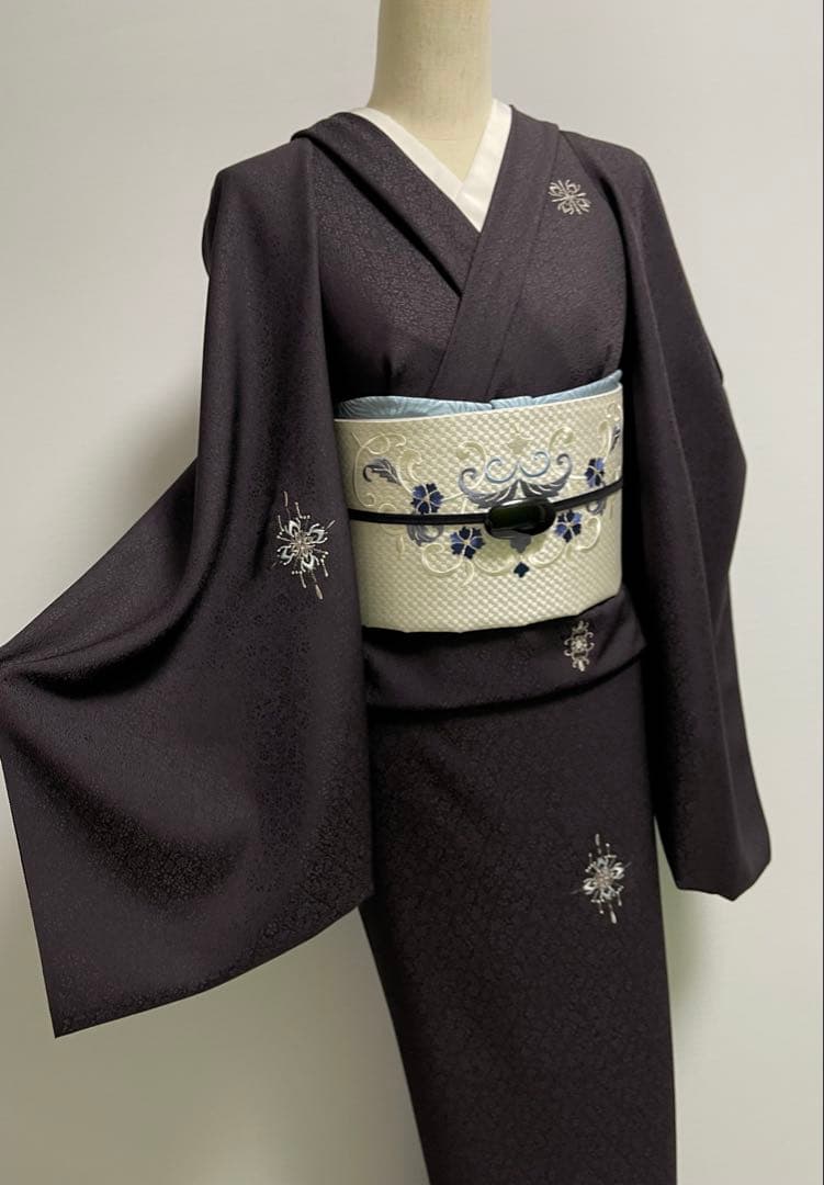 特選総刺繍飛び柄小紋着尺【総刺繍◆更紗紋意匠地】黒 ブラック