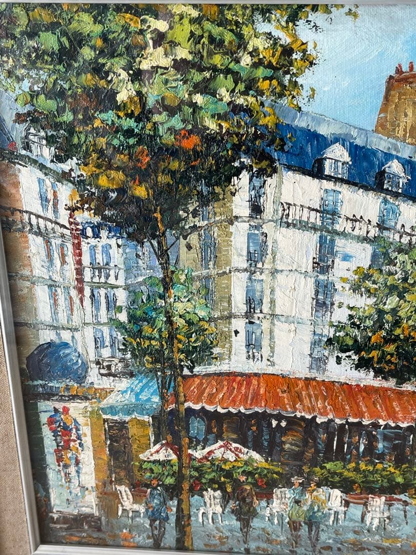 フランス　パリ　カフェ　街並みの風景　手書き油絵 額縁付き