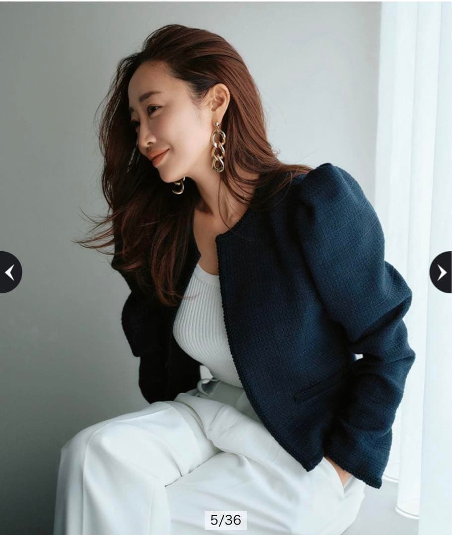 神崎恵　CADUNEノーカラージャケット ネイビー パフスリーブ カデュネ