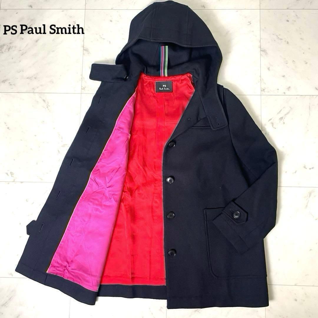 【美品】ピーエスポールスミス ウールコート フーディ ストライプ L 黒 赤