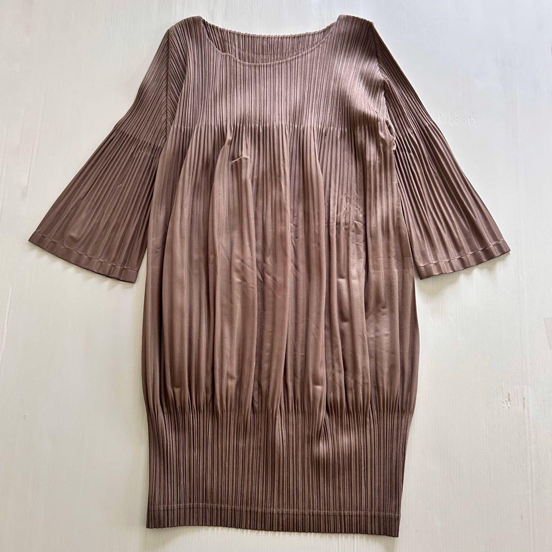 希少　PLEATS PLEASE チュニックワンピース　5部袖　茶