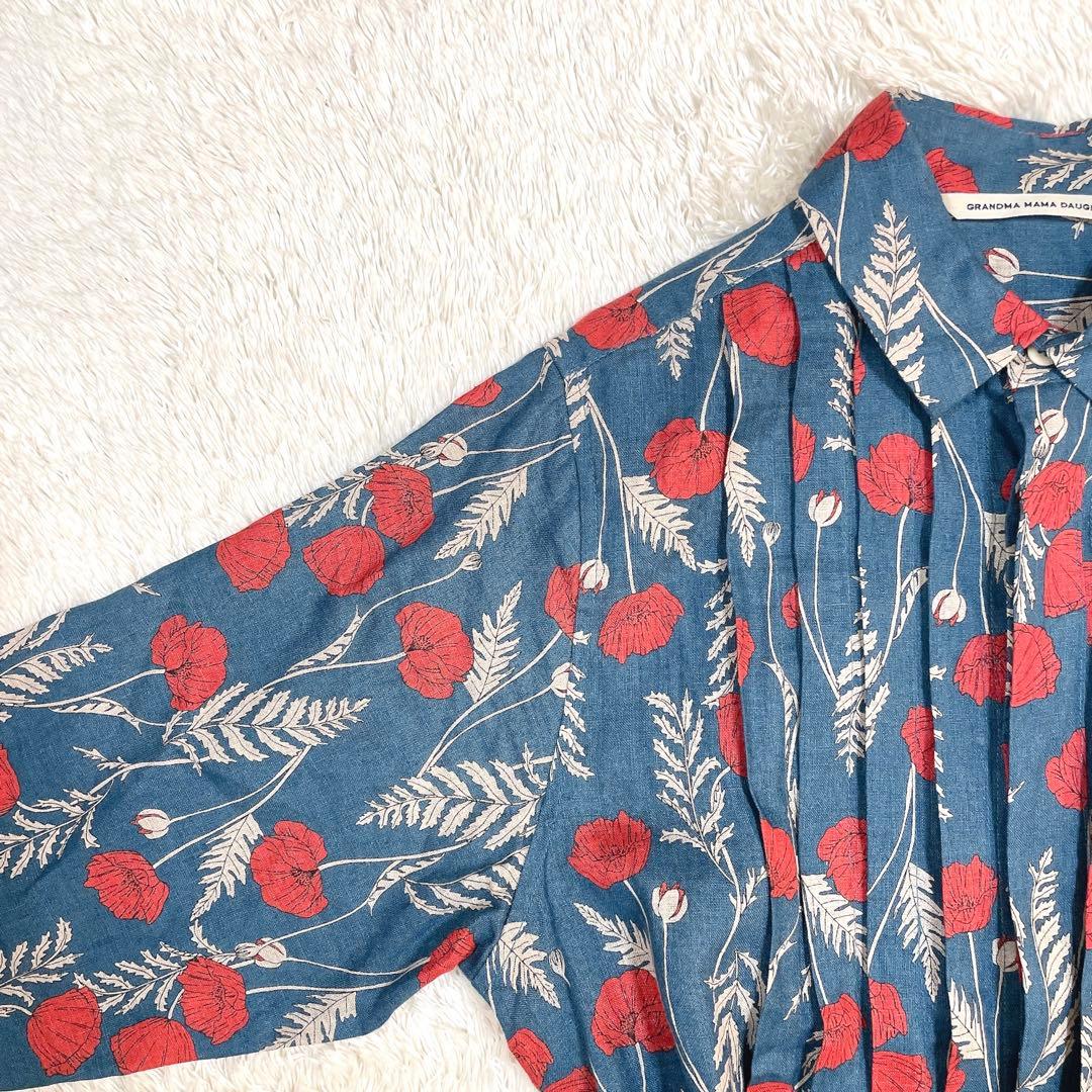 美品✨グランマママドーター 花柄 シャツワンピース リネン ベルト ロング