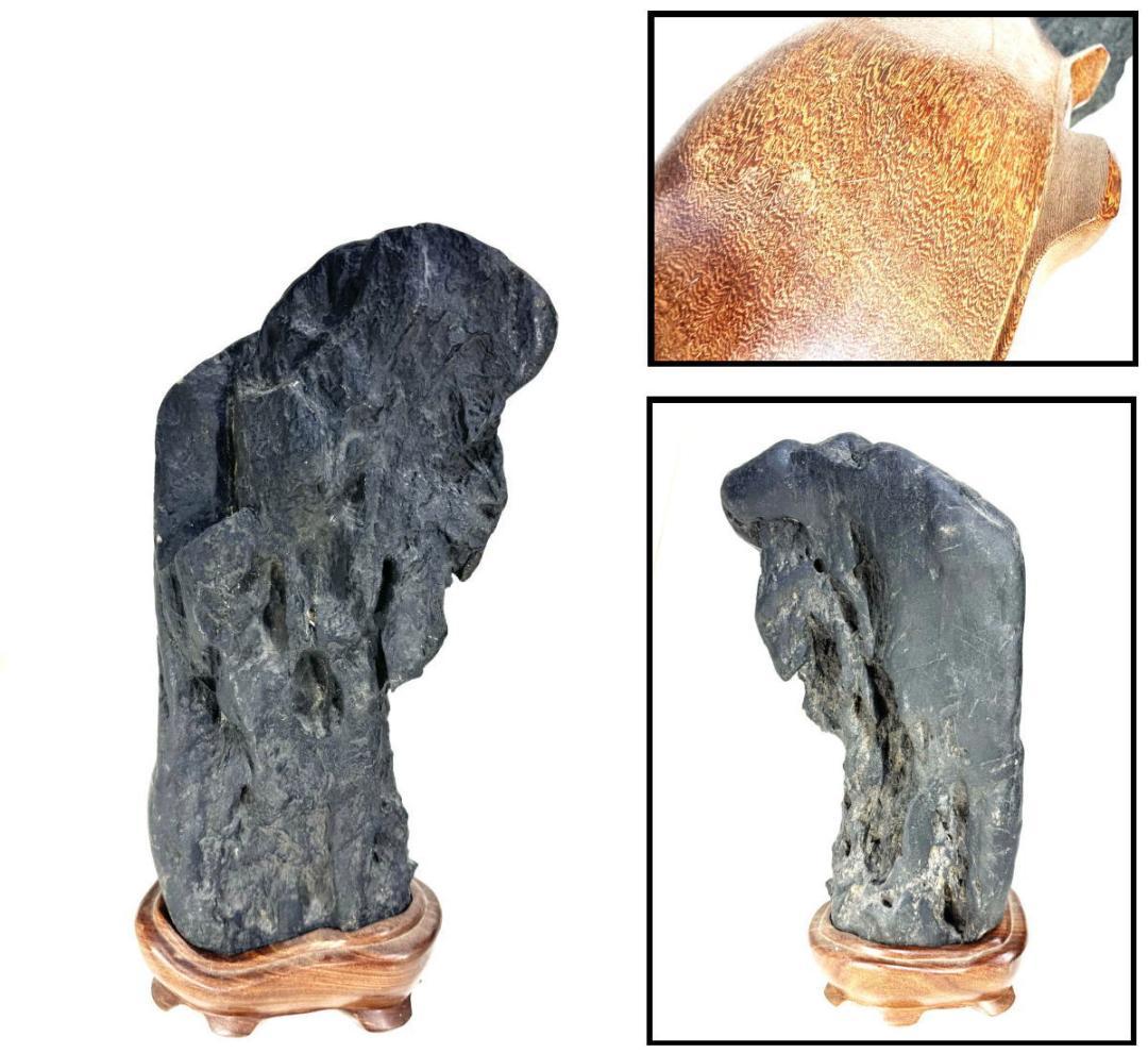 太湖石 置物 擺件 黄花梨台 天然石 唐物 約14kg/ 鑑賞石 WWFT052