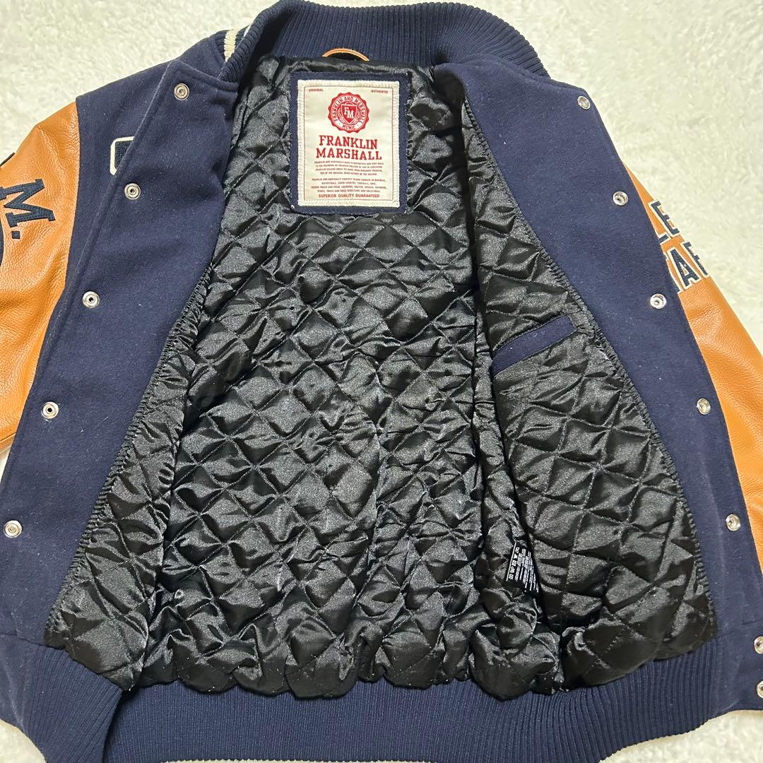 好配色 フランクリン マーシャル 牛革 袖 バック刺繍 スタジャン 紺×茶 M
