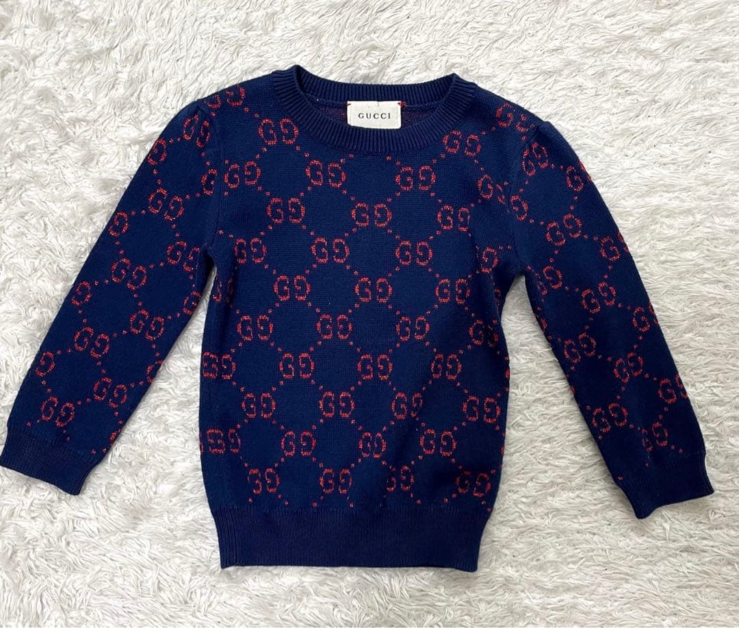 【良品】GUCCI　ベビー　キッズ　ニット　GG ネイビー　90cmくらい　4