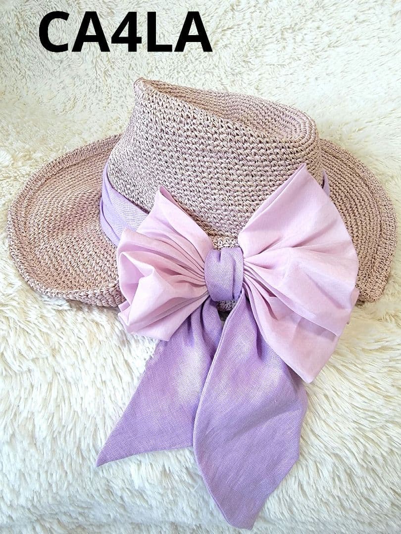 【CA4LA】リボン ストローハットカシラ　リボン 麦わら帽子　ピンク
