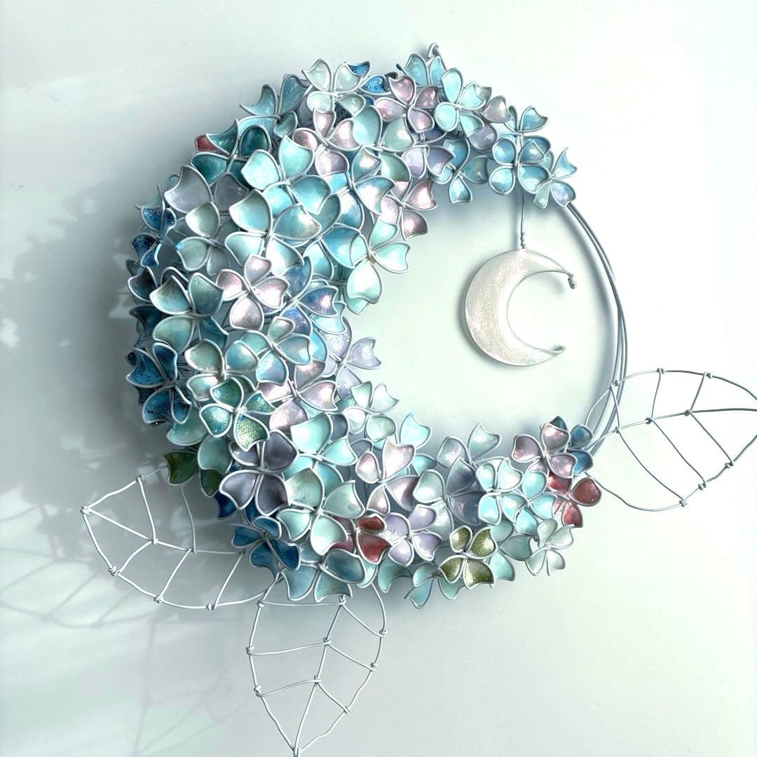 モーニングMoon 大きな紫陽花リース　ワイヤークラフト　ディップアート