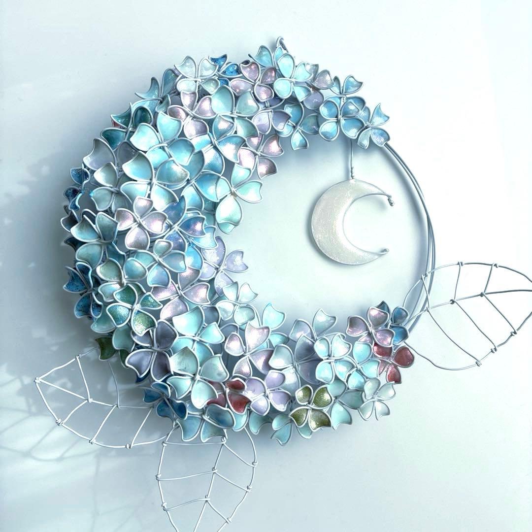 モーニングMoon 大きな紫陽花リース　ワイヤークラフト　ディップアート