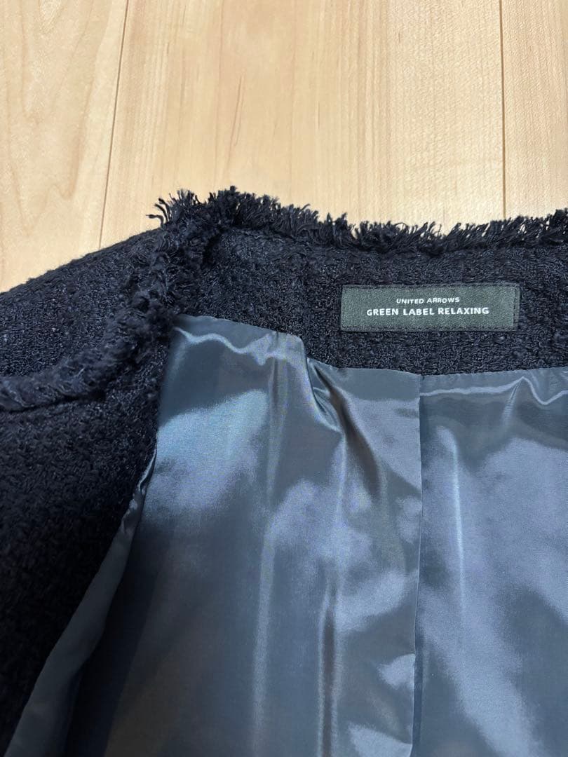 【試着のみ未使用】ツイードライク ノーカラー ジャケット　グリーンレーベル