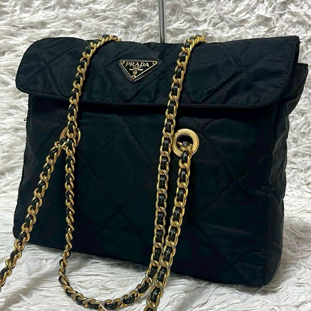 希少✨PRADA キルティング　チェーンショルダーバッグ　三角ロゴ　ブラック
