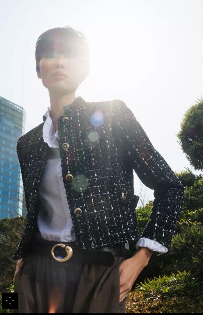 ZARA ツイード　メタリック糸入りノーカラージャケット