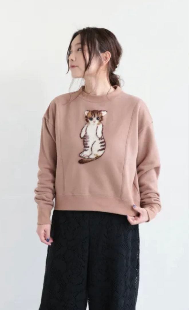 MUVEIL ネコ裏毛プルオーバー　長袖　36 トレーナー　アップリケ
