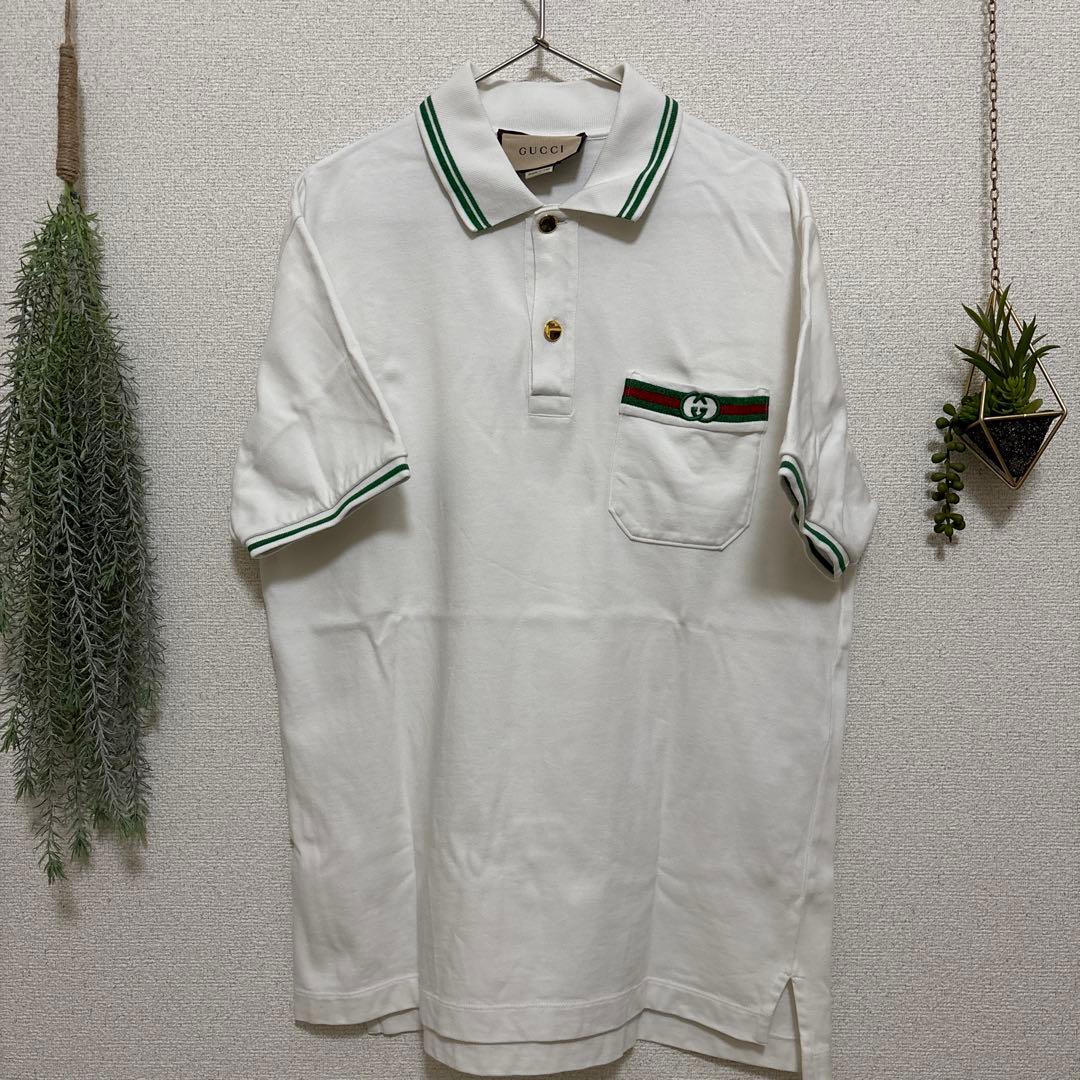 レア　old GUCCI ホワイト ポロシャツ　金ボタン