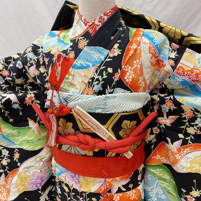 504ag70◎七五三 七歳 女児 総柄 着物&袋帯 枝垂桜鳥 黒◎美品