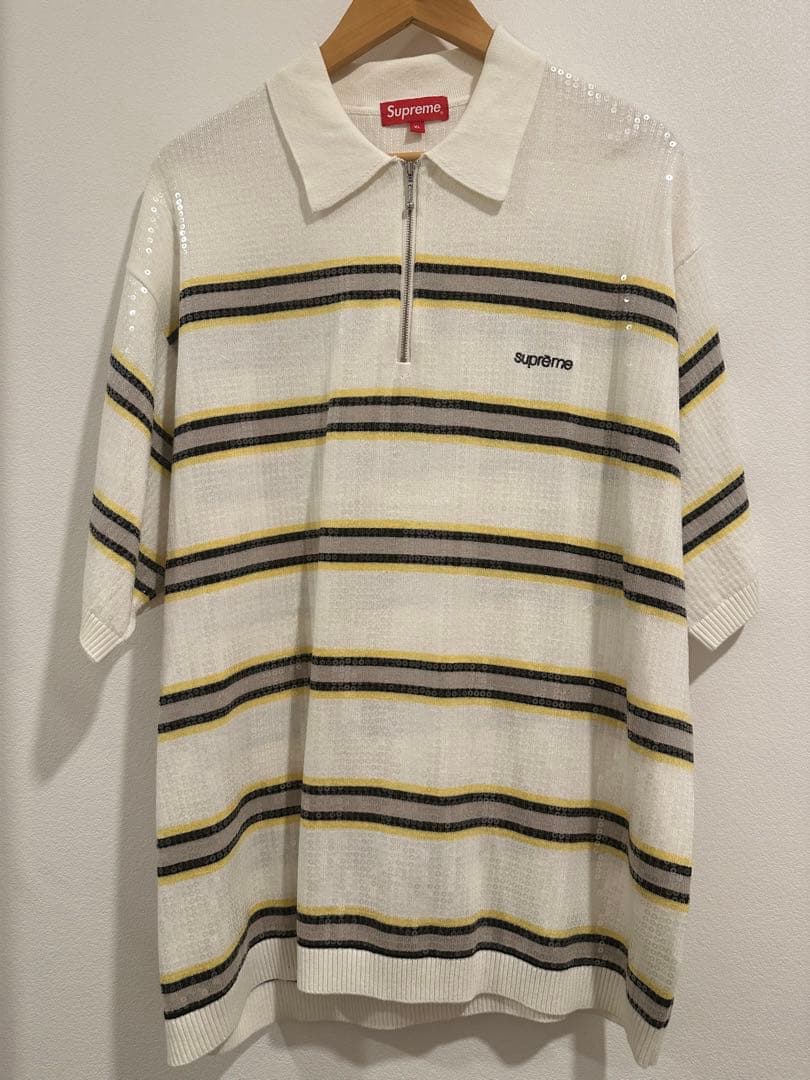トップス Supreme XL Sequin Stripe Zip Polo