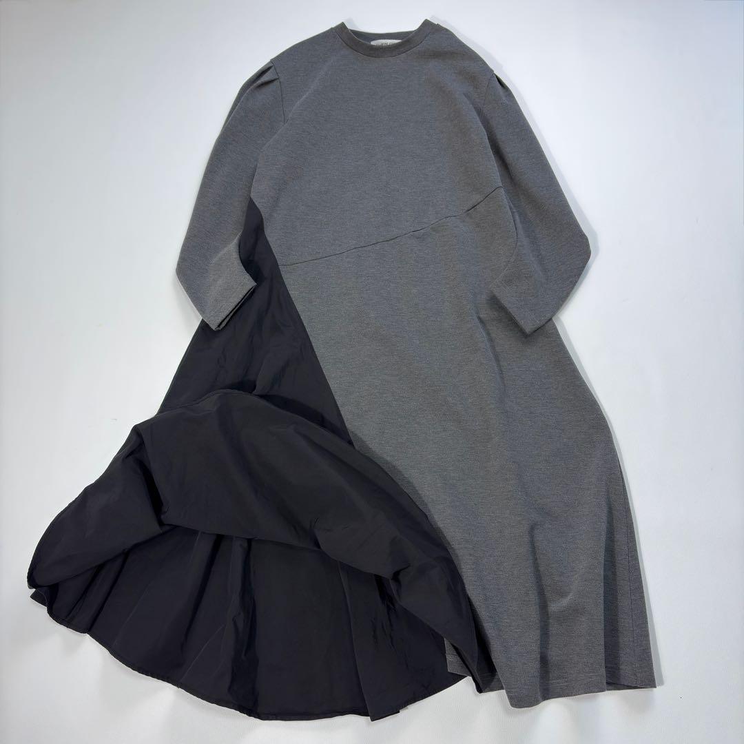 極美 ヘリンドットサイ 異素材切替 ロングワンピース グレー HeRIN.CYE