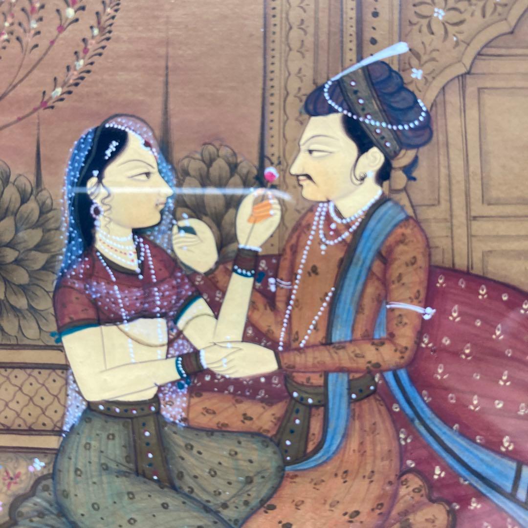 ヴィンテージ　インド　古い細密画　書き込みの良し額42×33絵22.5×13cm