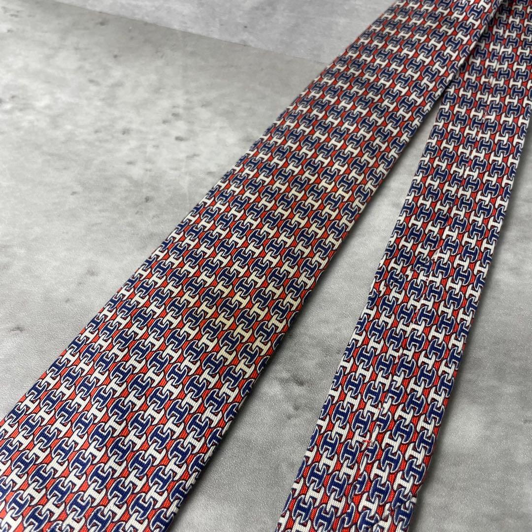 美品 HERMES エルメス H柄 総ロゴ ネクタイ オレンジ 白 紺