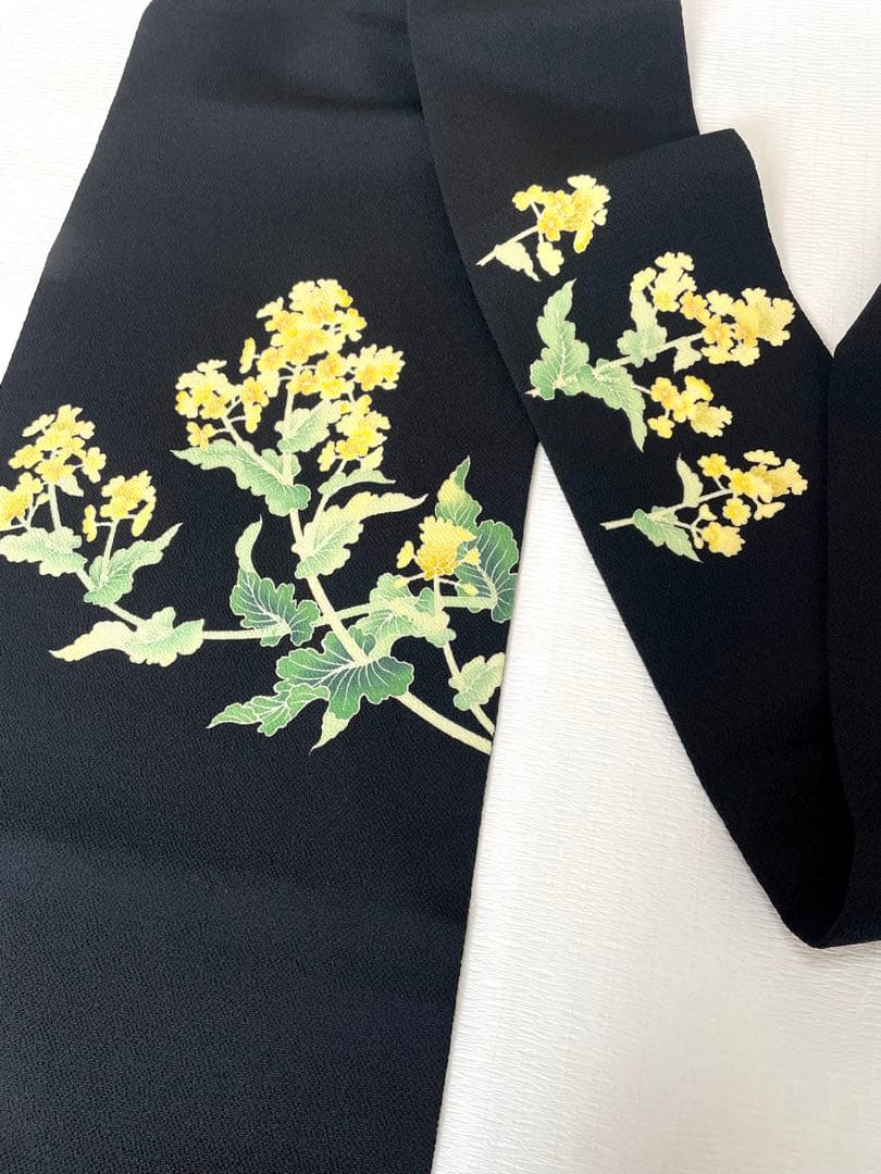 【季節の染め帯】 菜の花 九千名古屋帯 浜ちりめん◇正絹 ブラック 未使用