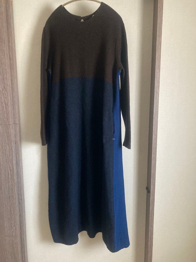 45R ロング丈ワンピース　ブラウン　ブルー　カラーブロック　圧縮ウール