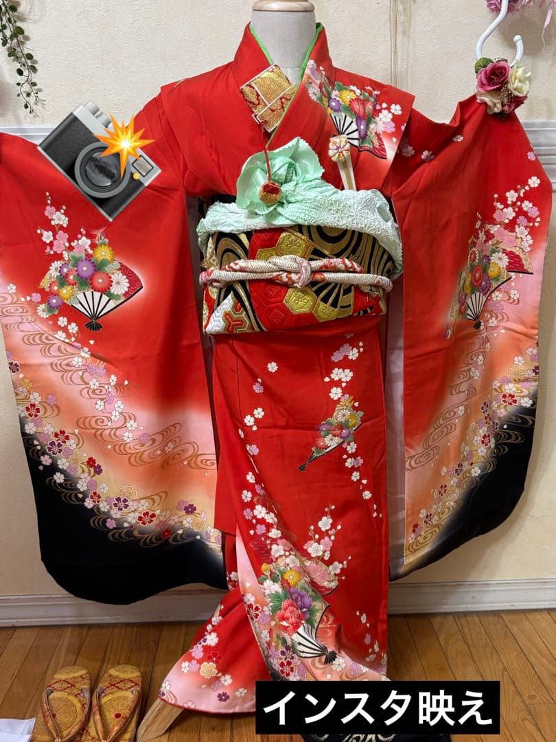七五三 女子着物 7歳赤地暈し‼️豪華扇花々金彩金箔絢爛完全フルセット‼️